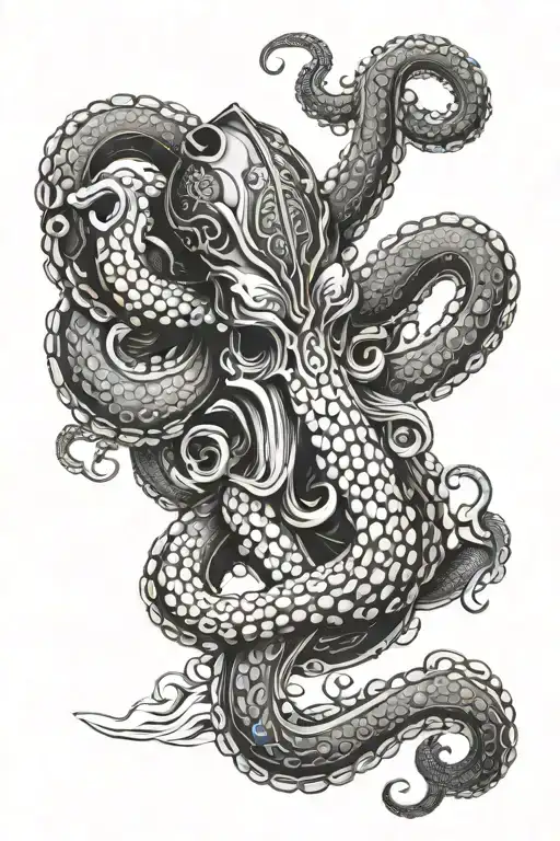Japanese style octopus with samurai armor with waves background full sleeve tattoo tattoo design idea