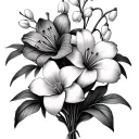 small bouquet of flowers only including these four flowers one lily one daffodil one Lily of the valley one sweet pea  tattoo design idea