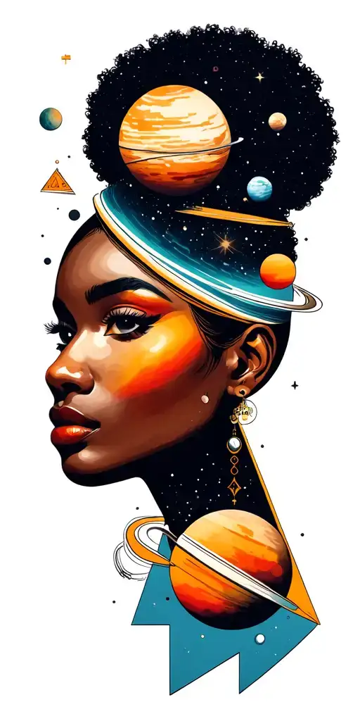 Afro-futuristic woman face with planets or moons inside 3 triangles tattoo design idea