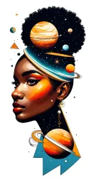 Afro-futuristic woman face with planets or moons inside 3 triangles tattoo design idea