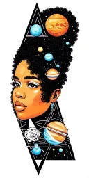Afro-futuristic woman face with planets or moons inside 3 triangles tattoo design idea