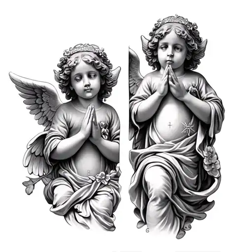 Realism black and grey Religious tattoo sleeve with two praying cherubs with gaurdian angel protecting them from evil tattoo design idea