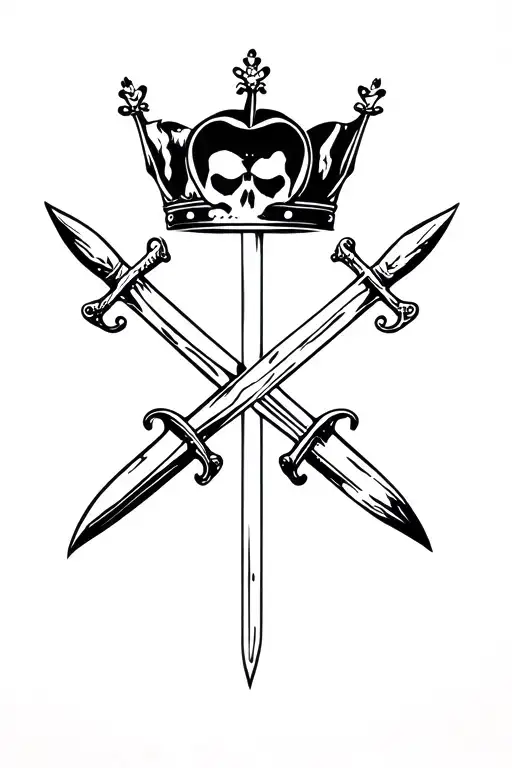 a crown above two crossed swords. next to one sword is a rotten apple.  next to the other sword is a partial skull tattoo design idea