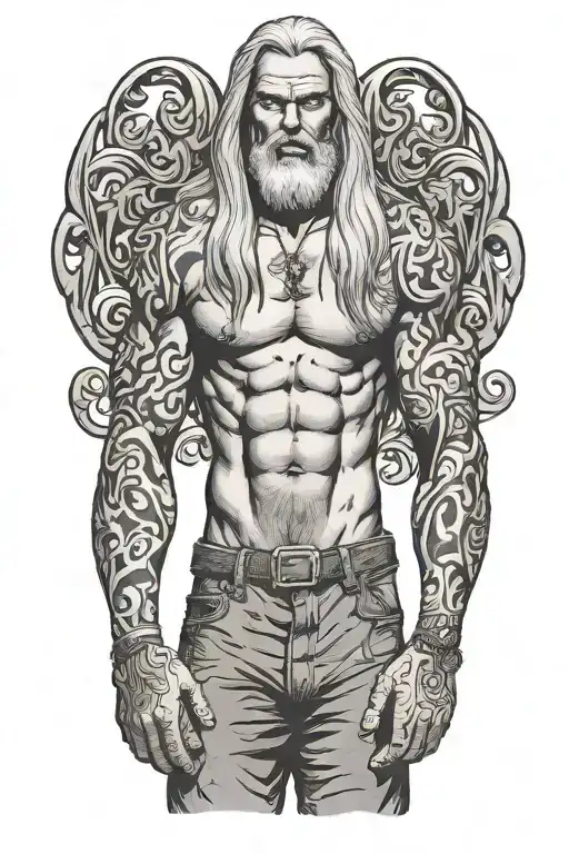 full body super muscled man standing with long silver hair and beard tattoo design idea