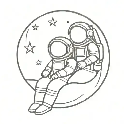 two astronauts kids sitting in an embrace on the moon tattoo design idea