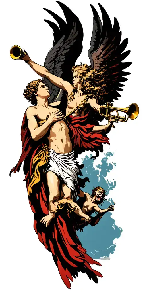 angels fighting demons flying with open wings and heavens gates in background and trumpets playing tattoo design idea