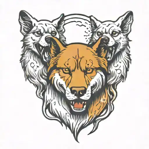 three headed dog holding the moon in its paws sitting . one head is happy. one head is angry. the other head is howling tattoo design idea