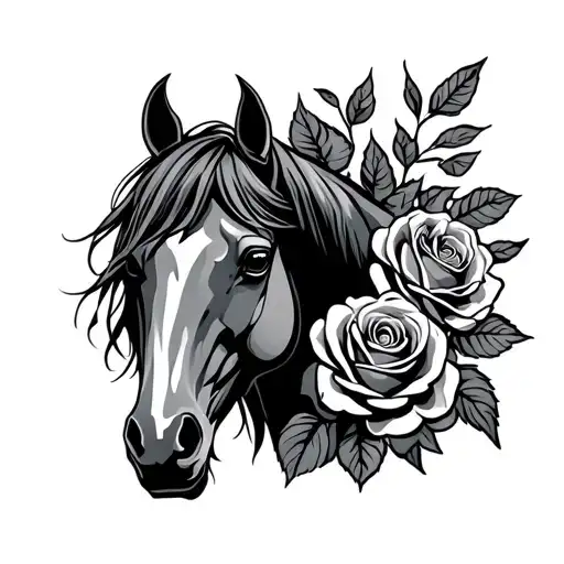 Horse iron surrounded by rose surrended tattoo design idea