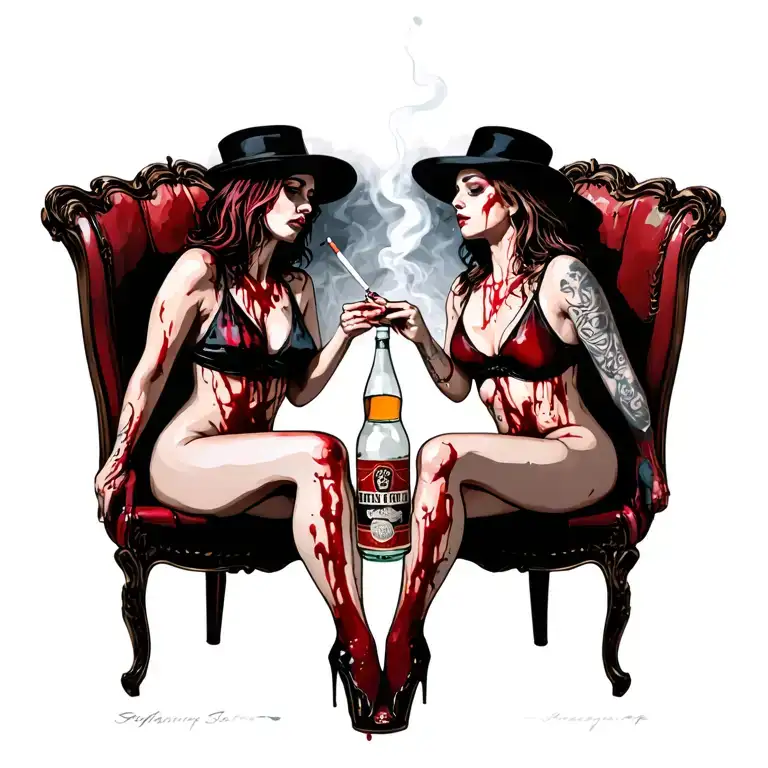 sexy bloody women sitting alcohol smokes cigarette tattoo design idea
