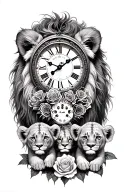 lioness and 2 cubs with roses and old clock face tattoo design idea