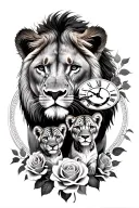 lioness and 2 cubs with roses and old clock face tattoo design idea