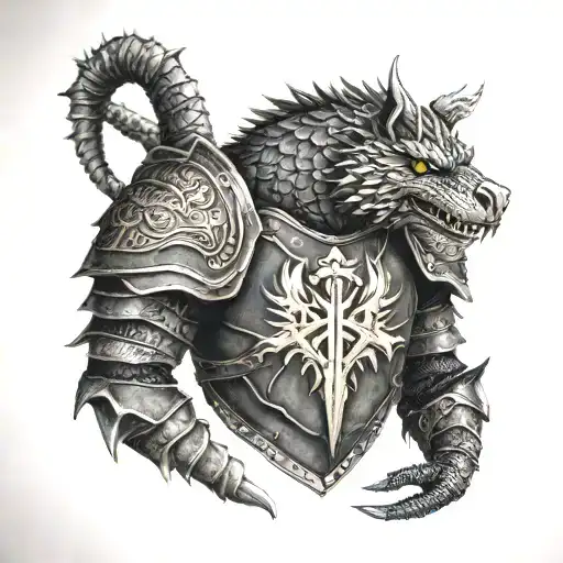 shoulder, leather armor. The crest on the armor is an ouroboros whose head is from the Where the Wild Things Are book tattoo design idea