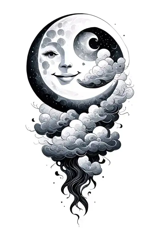 psychadelic clouds fantasy smiling moon tattoo design idea