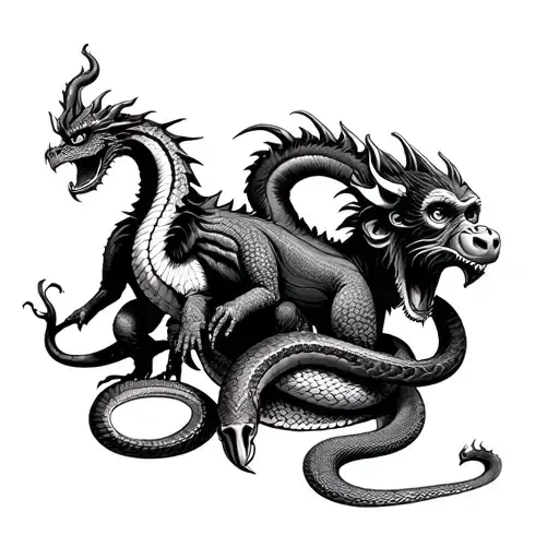 dragon,monkey,buffalo,snake without eyes, and each animal surround each other tattoo design idea