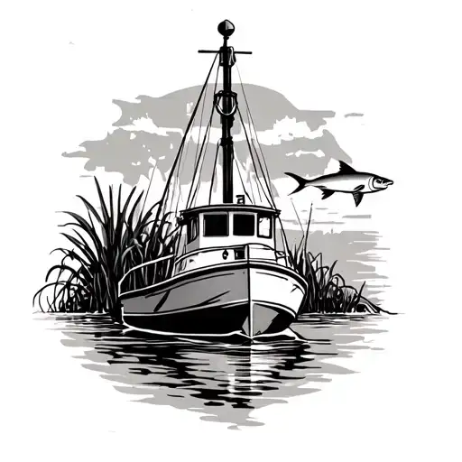 simple nautical chart of Lee county, Florida. include a fishing boat, mangroves, and a snook in the mangroves  tattoo design idea