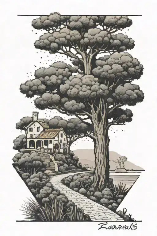 pinus pinea tree in the foreground. aqueduct and small stylised houses adjacent to it in the background, very small tattoo design idea