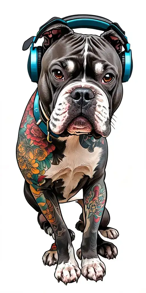 pitbull wearing headphones tattoo design idea