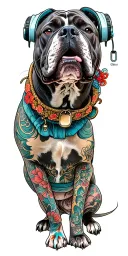 pitbull wearing headphones tattoo design idea