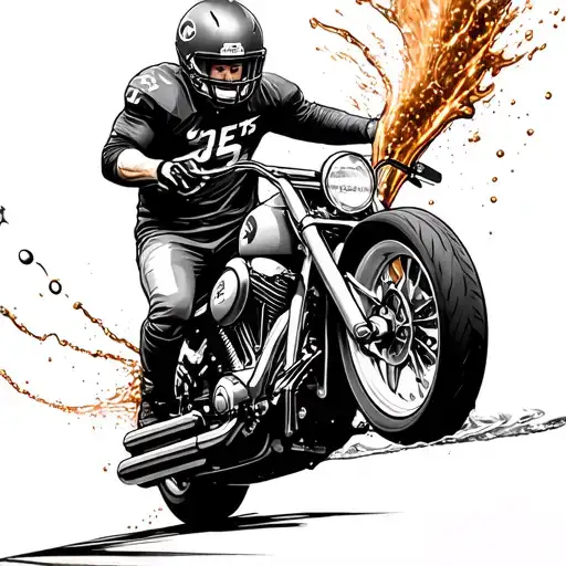 man with Jets football helmet on and popping wheely on Harley Davidson splashing water n motors with copper coming out  tattoo design idea