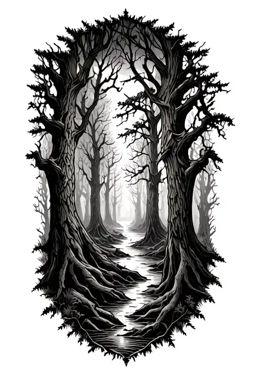“A black-and-white forearm tattoo illustration of a sweet but eerie haunted forest. The design features many slender, tw tattoo design idea