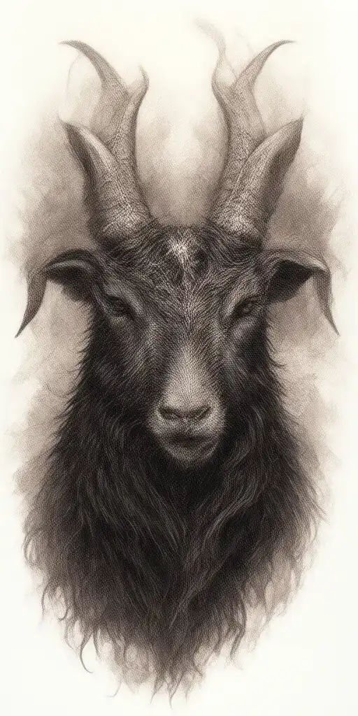 The image shows a tattoo of a Wicked., stylized goat-like creature with dark fur. It has large, Burning horn Star on For tattoo design idea