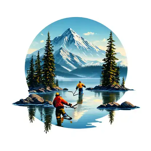 mountain scene with pond hockey on lake tattoo design idea