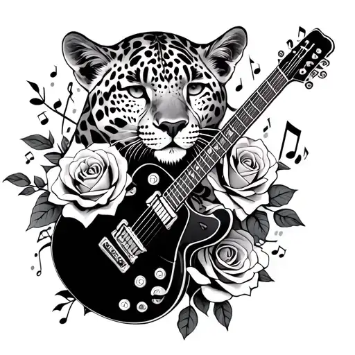 leopard with a guitar intertwined with roses and music notes tattoo design idea