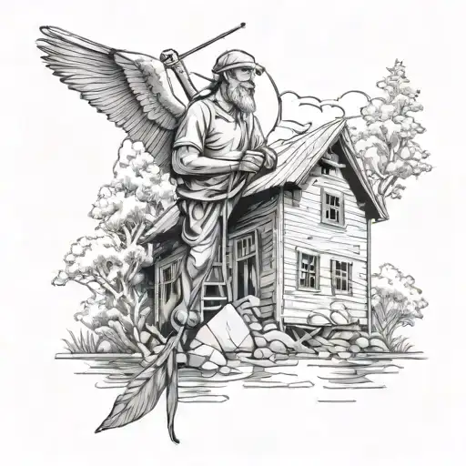 st joseph above a house underconstruction surrounded by the woods and a trout river under the house and 5 people fishing tattoo design idea