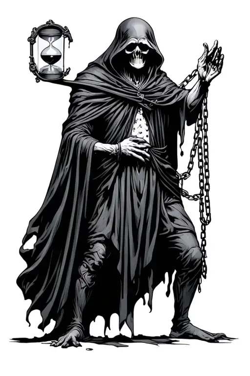 grim reaper full body holding hourglass by chain tattoo design idea