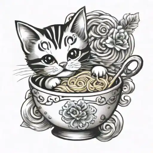 cute kitten and ramen bowl tattoo design idea