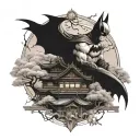 A tattoo of Batman exploring a mystical Japanese landscape filled with sakura trees and traditional architecture, blending your favorite superhero with Japanese culture tattoo design idea