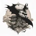 A tattoo of Batman exploring a mystical Japanese landscape filled with sakura trees and traditional architecture, blending your favorite superhero with Japanese culture tattoo design idea