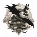 A tattoo of Batman exploring a mystical Japanese landscape filled with sakura trees and traditional architecture, blending your favorite superhero with Japanese culture tattoo design idea