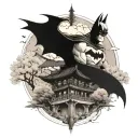 A tattoo of Batman exploring a mystical Japanese landscape filled with sakura trees and traditional architecture, blending your favorite superhero with Japanese culture tattoo design idea