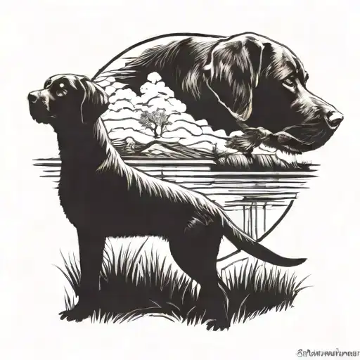 A majestic chocolate lab retrieving a bird in a scenic hunting setting tattoo design idea