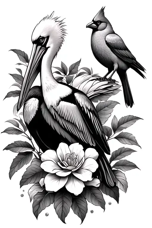 Pelican+cardinal+camelia tattoo design idea