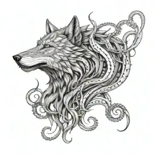 wolf's head and octopus tentacles, wrapping dynamically around the wolf, creating a sense of entanglement and movement tattoo design idea
