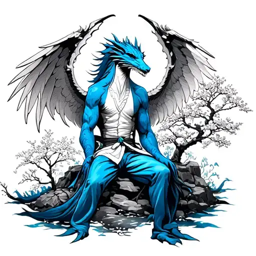Draco. Blue seated profile with Japanese wings and cherry trees and apricot tree and a perlde tahiti tattoo design idea