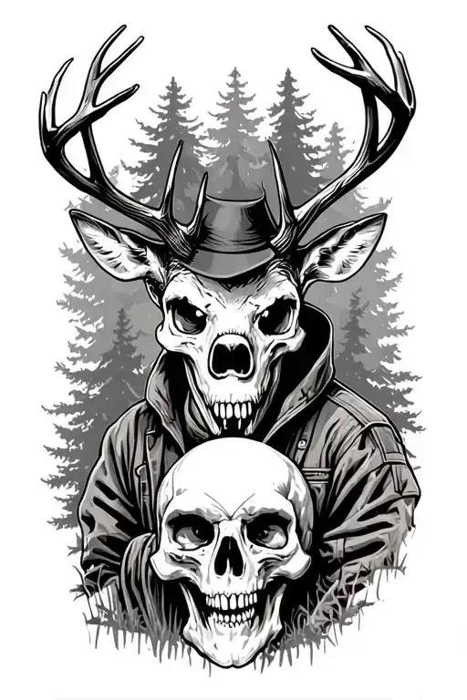 Blue collar male, welder, outdoors, forests, deer hunting, skulls, horror, spiders/webs, creepy, weird , patrotic, famil tattoo design idea