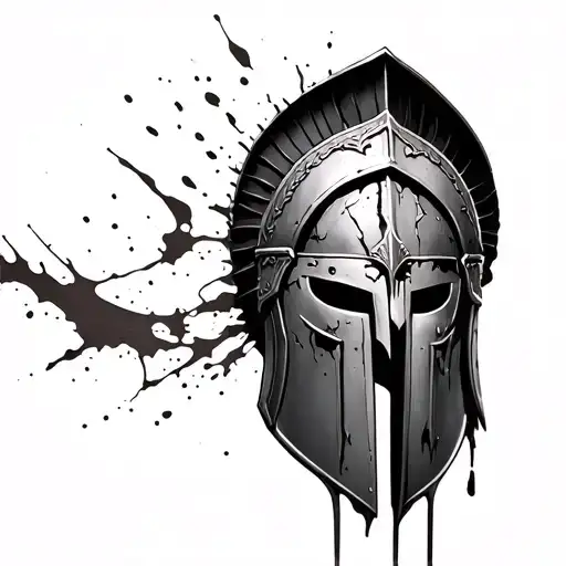 A broken Spartan helmet doused with blood with dents, very worked out and detailed, tattoo design idea