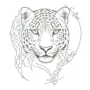 A unique sleeve design merging a snow leopard with elements of nature and celestial bodies tattoo design idea