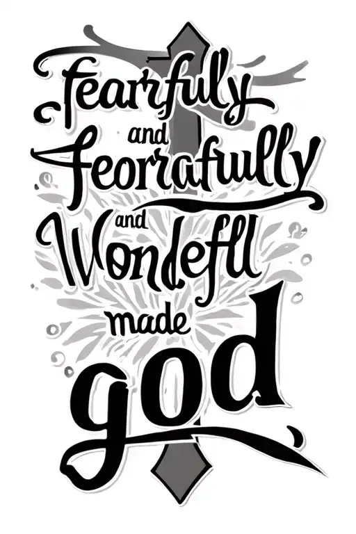 "fearfully and wonderfully made by god" written with cross tattoo design idea