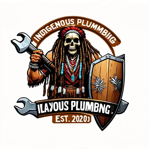 "INDIGENOUS PLUMBING EST.2020" skull dreadlock Native American warrior holding wrench with shield  tattoo design idea