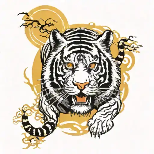 sun and tiger walking,black and white tattoo design idea