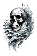 mystical skull inside sacred geometry mandala with ocean waves incorporated tattoo design idea