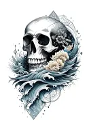 mystical skull inside sacred geometry mandala with ocean waves incorporated tattoo design idea