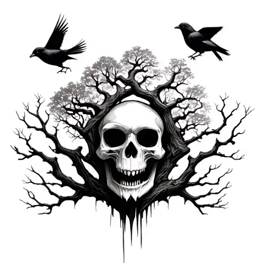skull with poison tree coming out its mouth and one crow on the trees branches tattoo design idea