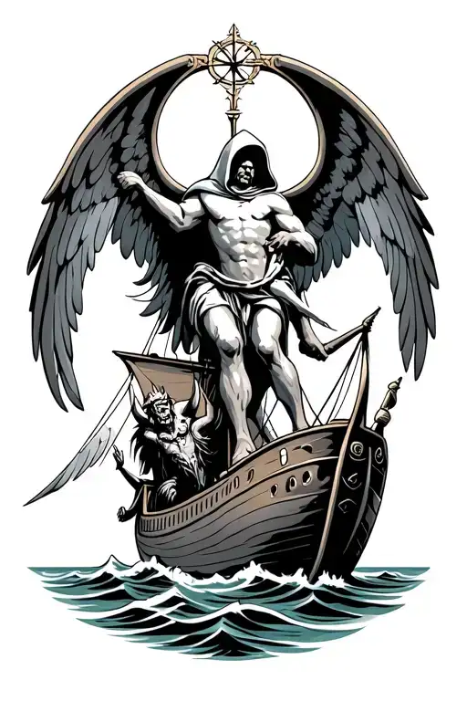 hooded arch angel defeating a demon viking ship sailing tattoo design idea