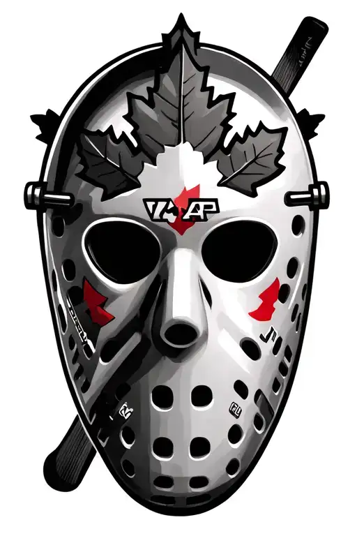 goalie mask with one big maple leaf and hockey stick tattoo design idea