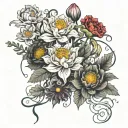 Carnation, daffodil, daisy, water lily, poppy, chrysanthemum, poinsettia flowers with vines and Medusa tattoo design idea
